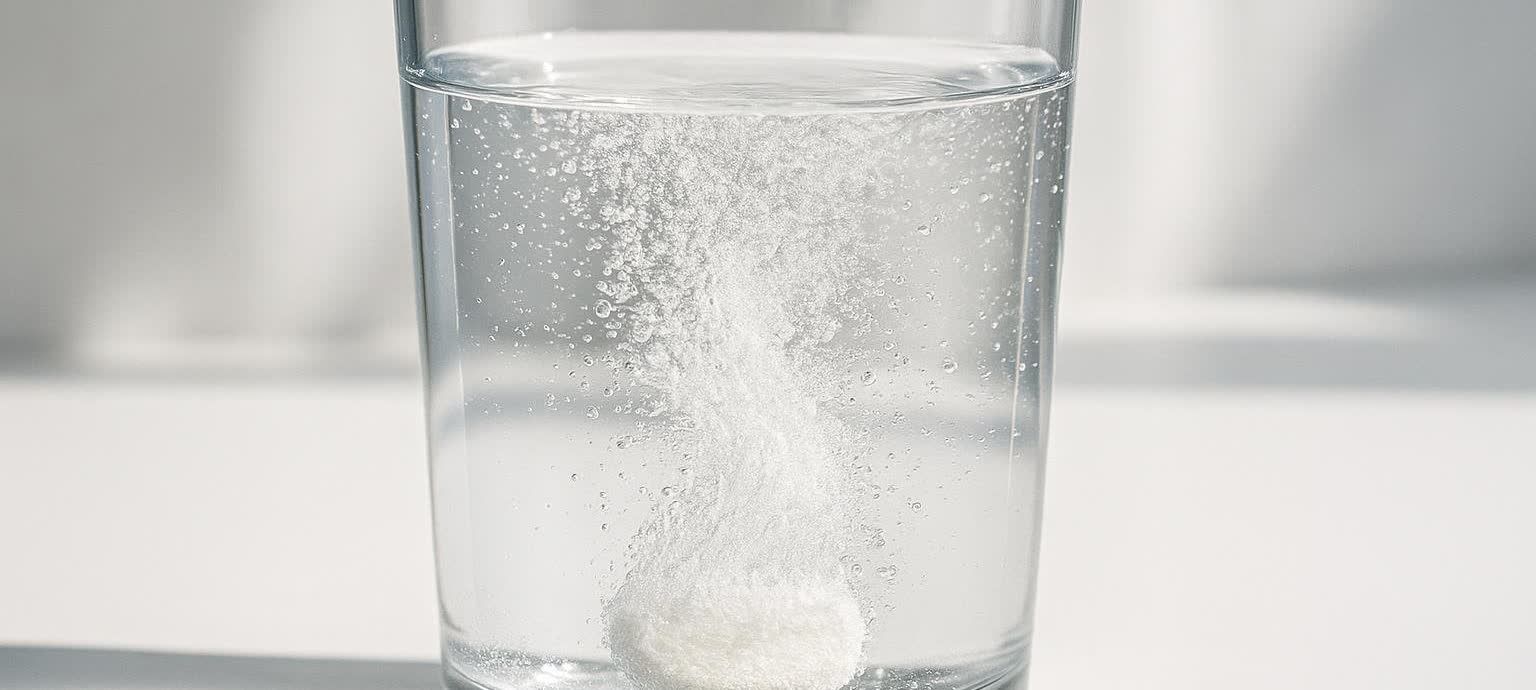 A clear glass of water with a white electrolyte tablet actively dissolving, creating a strong stream of bubbles and fizz rising from the tablet.