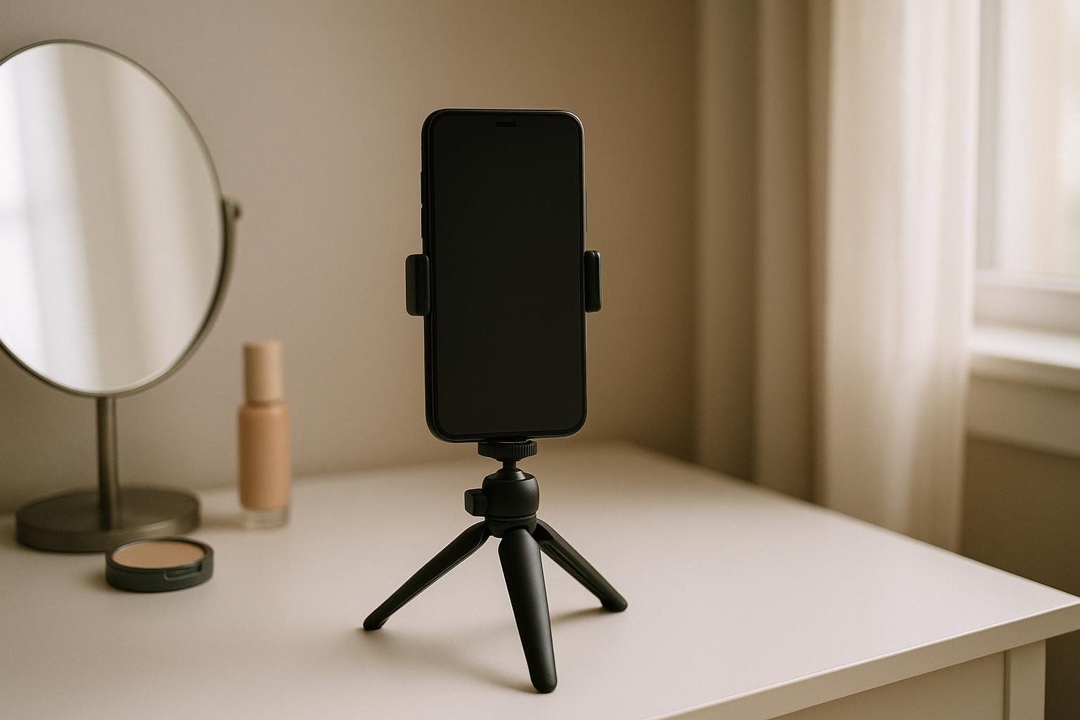 A smartphone mounted on a small black tripod on a dresser, with a mirror and makeup in the background, near a window with sheer curtains. The phone's screen is black, suggesting it's powered off or in camera mode.