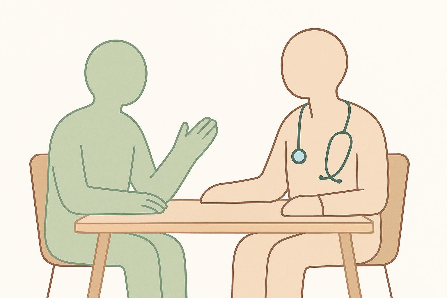 An illustration of a patient, represented by a light green figure, talking to a clinician, represented by a beige figure wearing a stethoscope, emphasizing the importance of seeking medical advice for persistent symptoms. They are seated opposite each other at a wooden table.