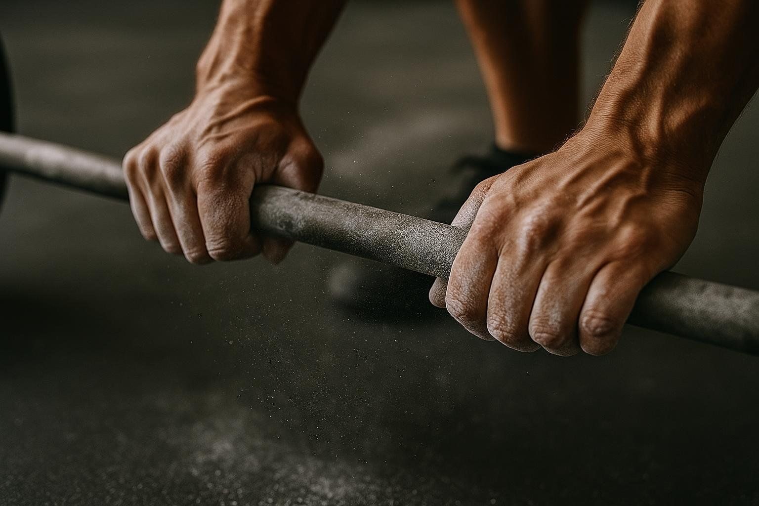 A close-up shot of two muscular hands gripping a textured barbell, with chalk dust visible on the bar and hands, against a dark, blurred background.