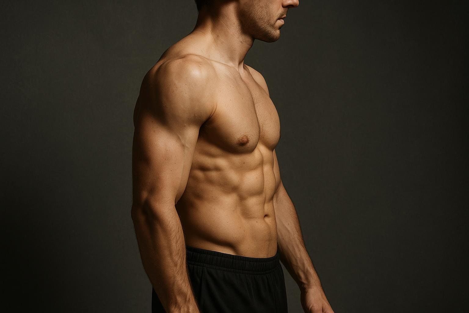 A photograph showing the torso and right arm of a man with well-defined abdominal muscles, indicative of a low body fat percentage, standing against a dark background.