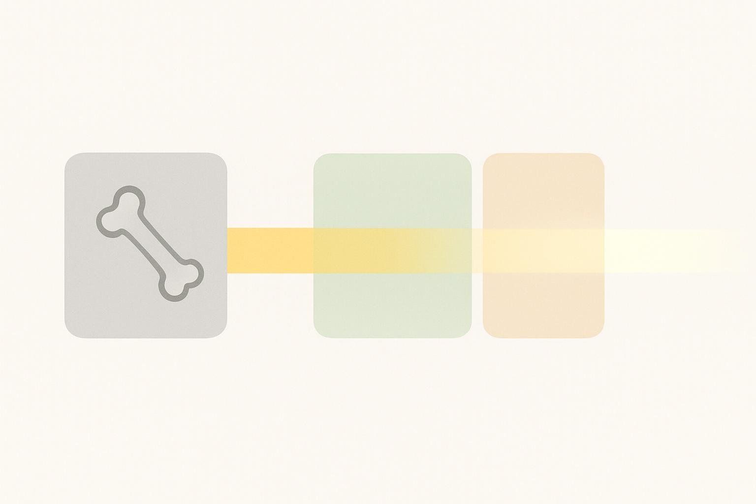 A diagram illustrating how a DEXA beam is absorbed differently by simple iconic representations of bone, muscle, and fat tissue. Bone is represented by a gray bone icon in a box on the left, muscle by a green box in the center, and fat by an orange box on the right. A yellow beam passes from left to right, appearing lighter as it passes through each box.