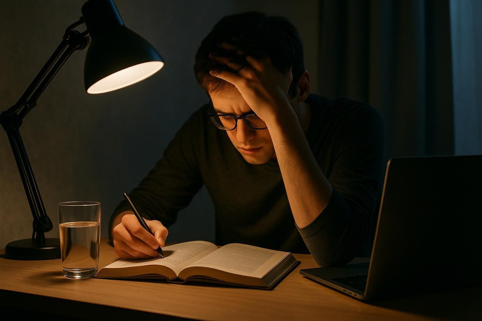 A man wearing glasses, looking stressed, studies late at night at a wooden desk, illuminated by a desk lamp. He holds a pen and writes in an open book. A glass of water and a closed laptop are also on the desk.
