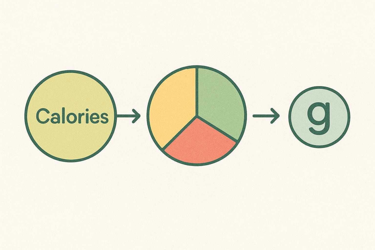 An abstract diagram showing the conversion from 'Calories' to a pie chart representing percentages, and then to 'g' for grams. This illustrates the process of converting total calories into macronutrient percentages, then into gram weights.