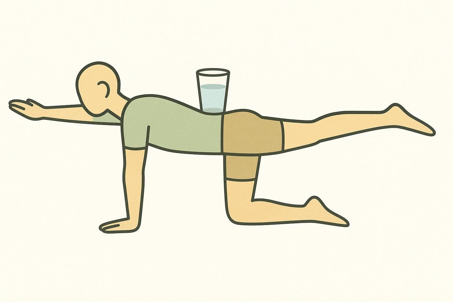 An illustration of a person performing the Bird Dog exercise with a glass of water on their lower back, demonstrating a cue to prevent hip rotation.
