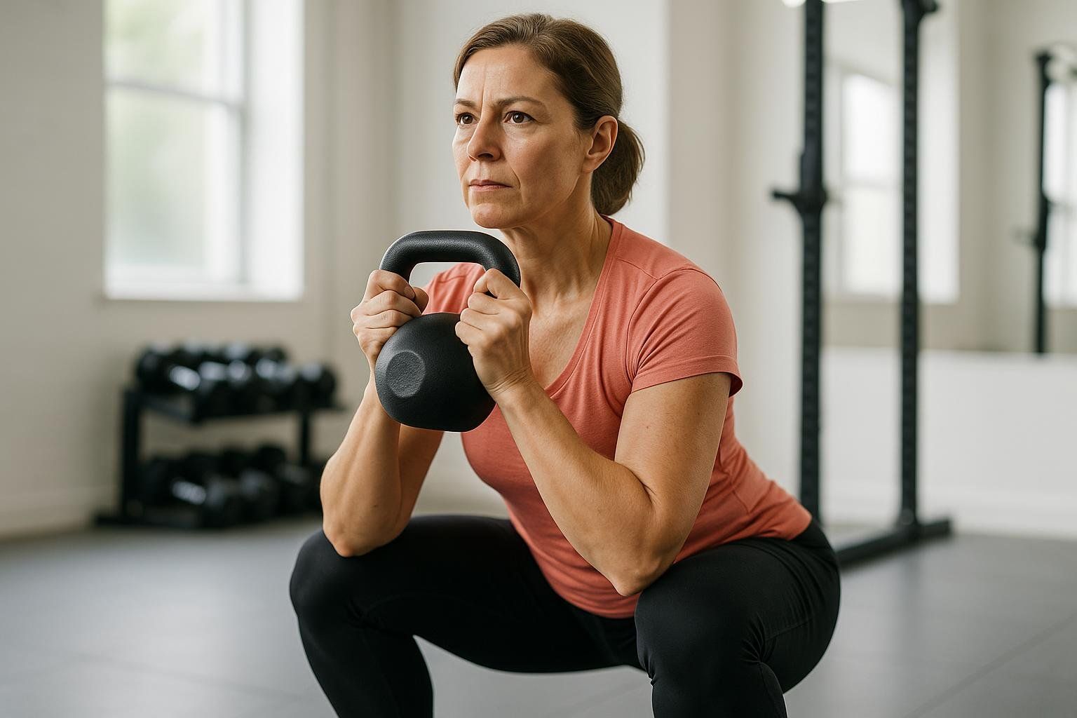 A middle-aged woman performs a goblet squat with a kettlebell in a gym setting.