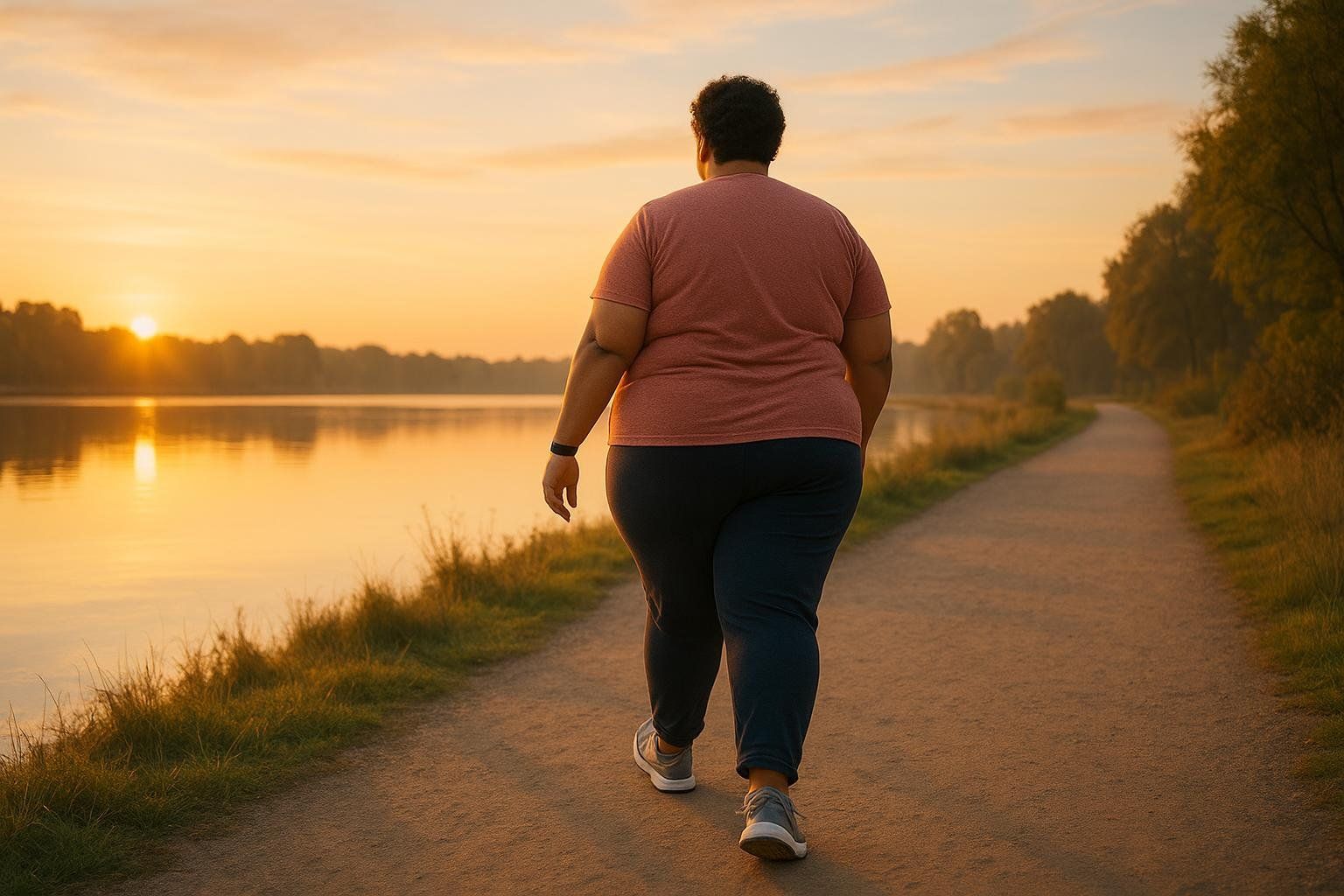 A person, seen from behind, walking along a dirt path next to a calm lake at sunrise, indicating a gentle start to a fitness journey for weight loss.
