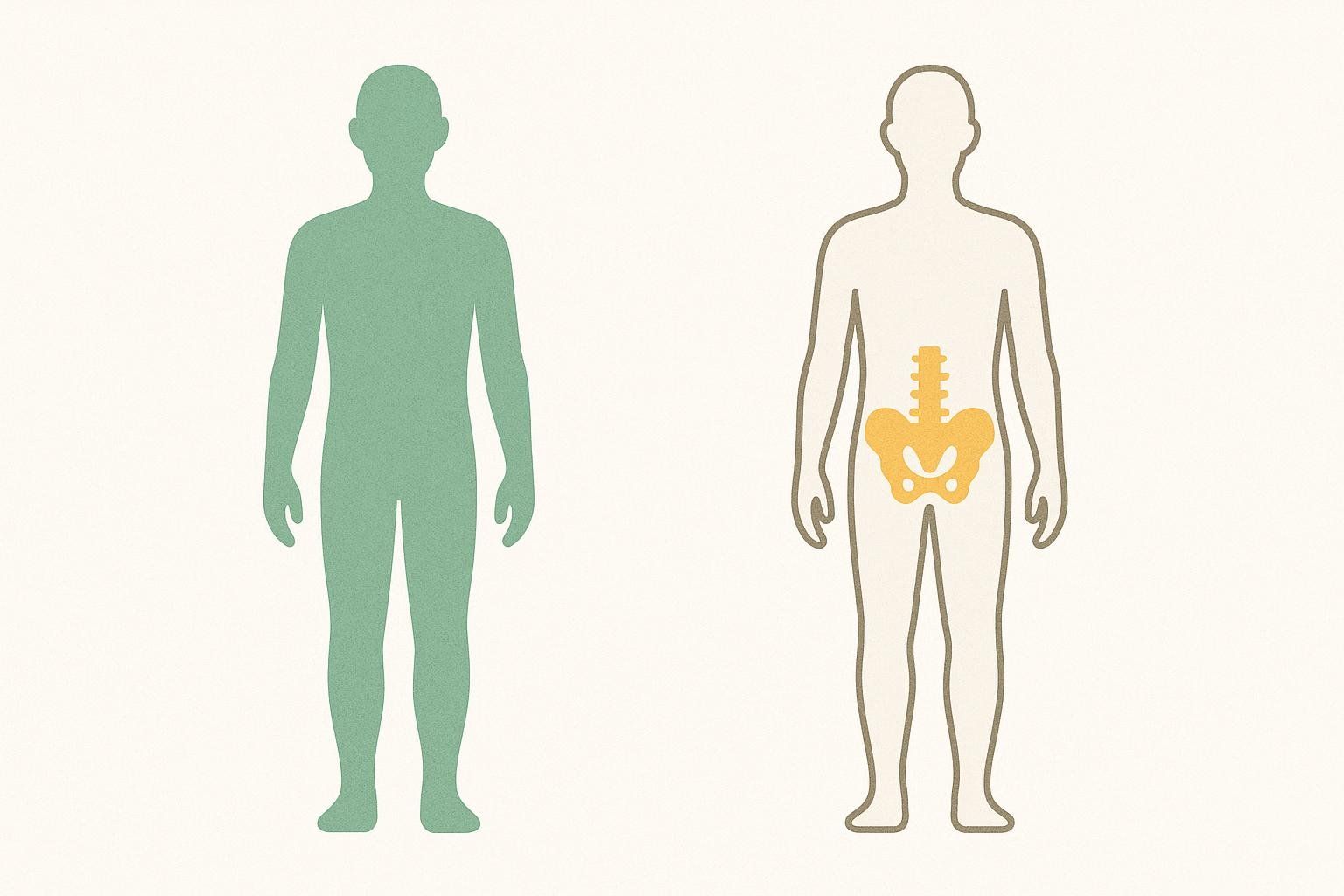 A comparison showing a full-body DEXA scan represented by a green silhouette on the left, and a central DEXA scan represented by a white outline with an orange hip and spine bone structure highlighted inside on the right.