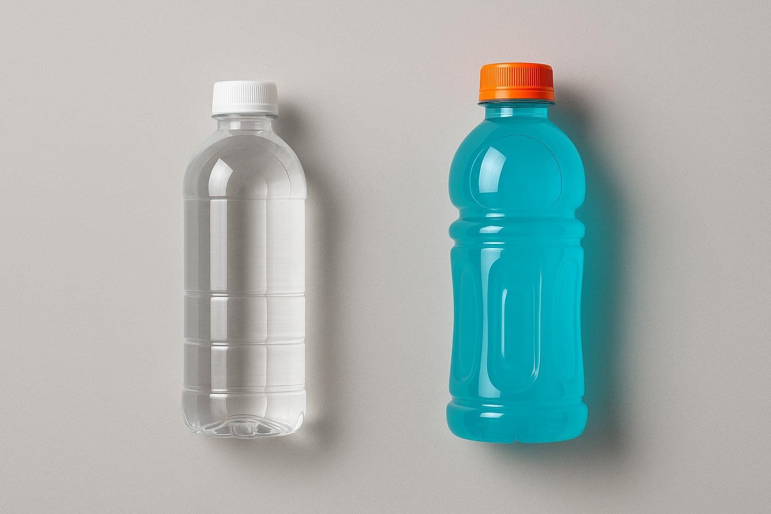 A flat lay photo showing a clear plastic bottle of water next to a blue sports drink bottle with an orange cap, on a grey background.