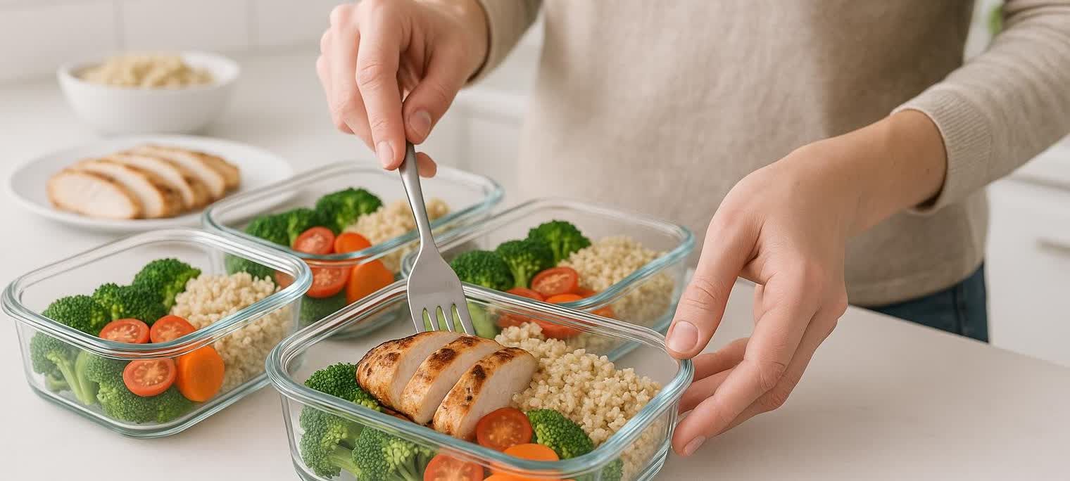 A person meal-prepping healthy food, including chicken and vegetables, in a clean kitchen.