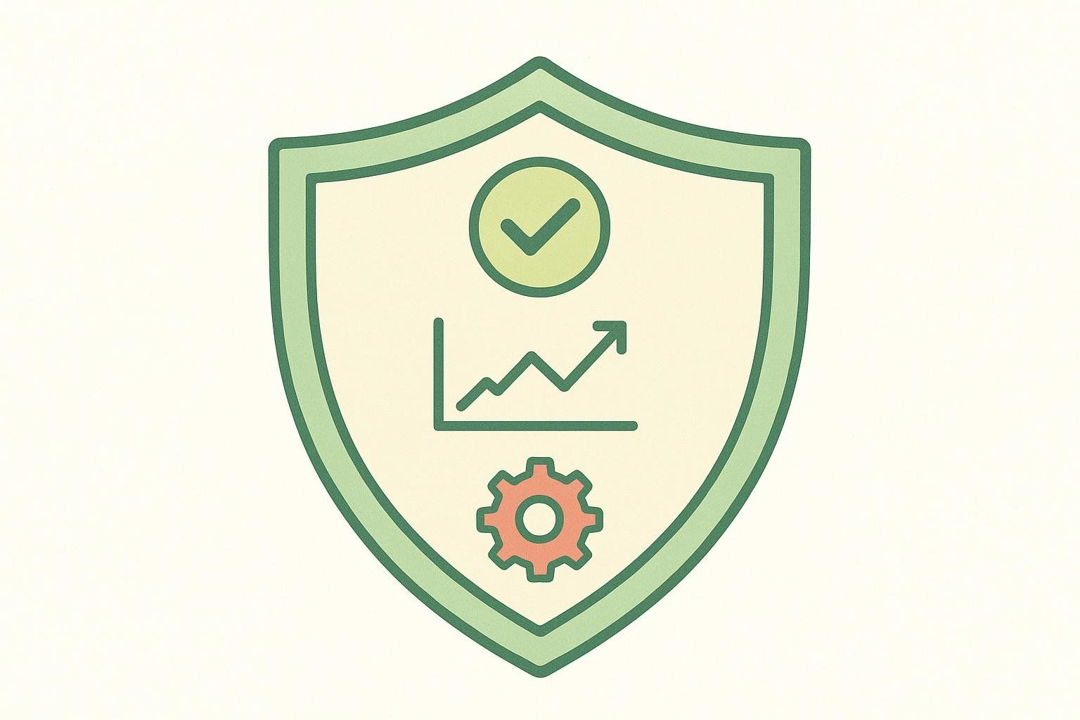 An illustration of a light green shield containing three icons. At the top, a green checkmark in a circle. In the middle, a line graph showing an upward trend. At the bottom, a pink cogwheel icon. This visually represents quality assurance, analytics, and system maintenance for high accuracy standards.