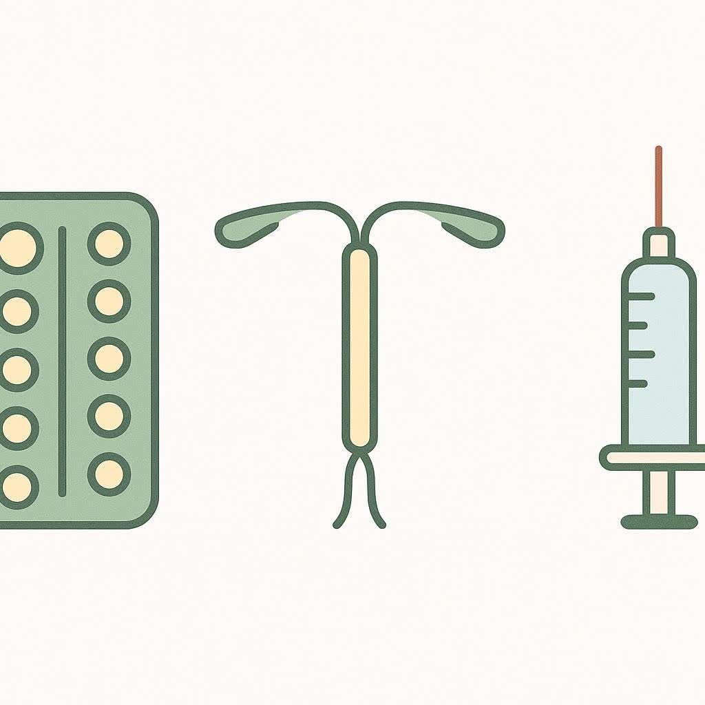 Minimalist vector icons of a birth control pill blister pack, an IUD, and a syringe, illustrating various forms of contraception.