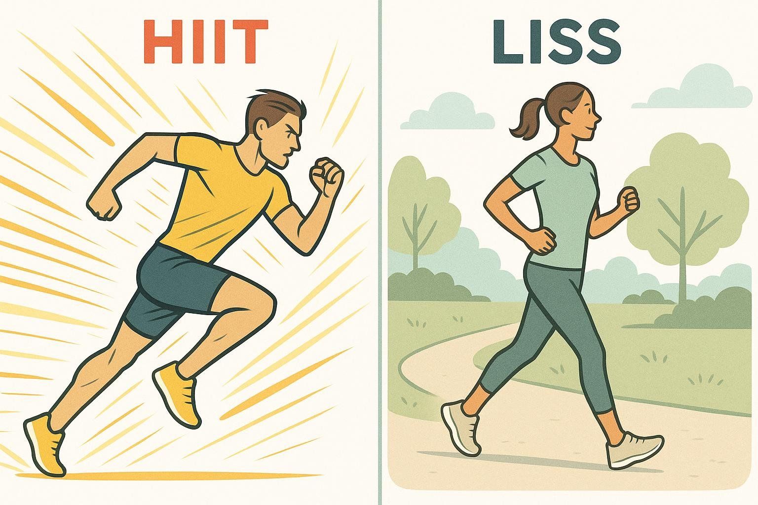 A visual comparison of HIIT, shown as an intense sprint, and LISS, shown as a calm jog.