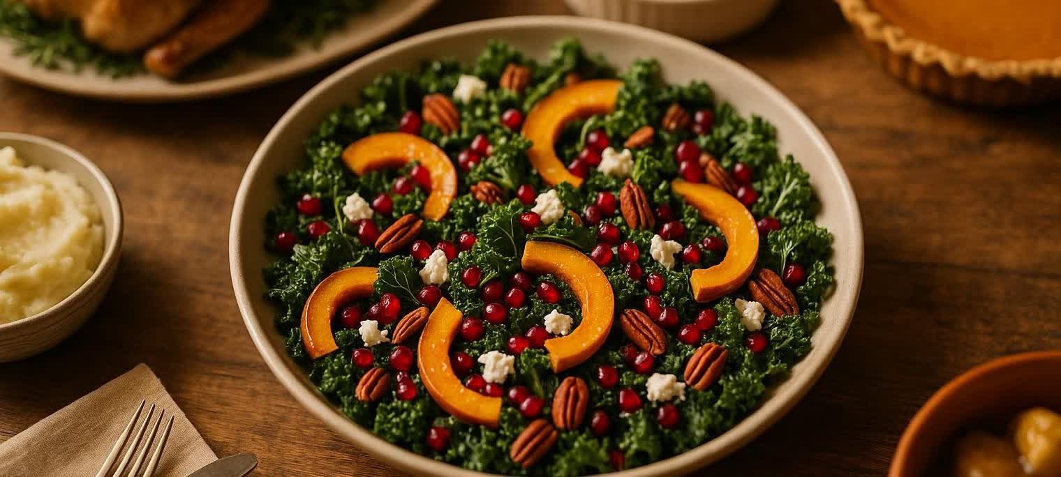 A stunning Thanksgiving salad, rich with colorful fall ingredients, serves as the centerpiece on a rustic, beautifully set holiday table.