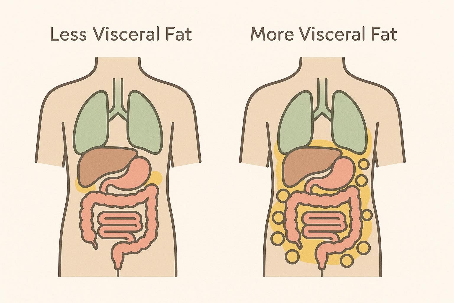 A diagram comparing the amount of visceral fat in two human torsos. The left torso, labeled 'Less Visceral Fat,' shows a minimal amount of light yellow shading around the kidneys, stomach, and intestines. The right torso, labeled 'More Visceral Fat,' shows a substantial amount of yellow shading and circles indicating fat cells enveloping the liver, stomach, and intestines, with an overall larger area of fat indicated.