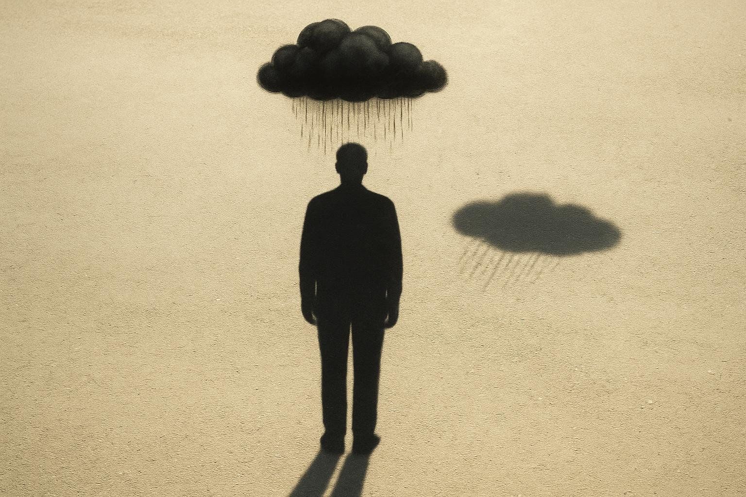 A stylized image depicts the shadow of a person standing on a sandy-colored surface, with a dark, ominous rain cloud directly above their head, and another rain cloud shadow to the right. This symbolizes the isolating feeling of depression.