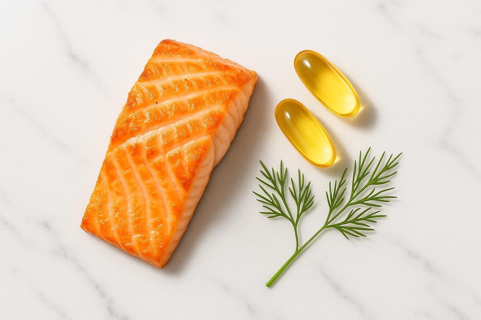 A top-down shot of a cooked salmon fillet, two yellow omega-3 supplement capsules, and a sprig of dill on a white marble surface, illustrating sources of omega-3 fatty acids.