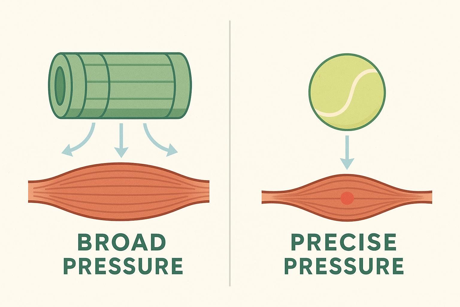 Illustration comparing the broad pressure of a foam roller with the precise pressure of a tennis ball for muscle recovery.