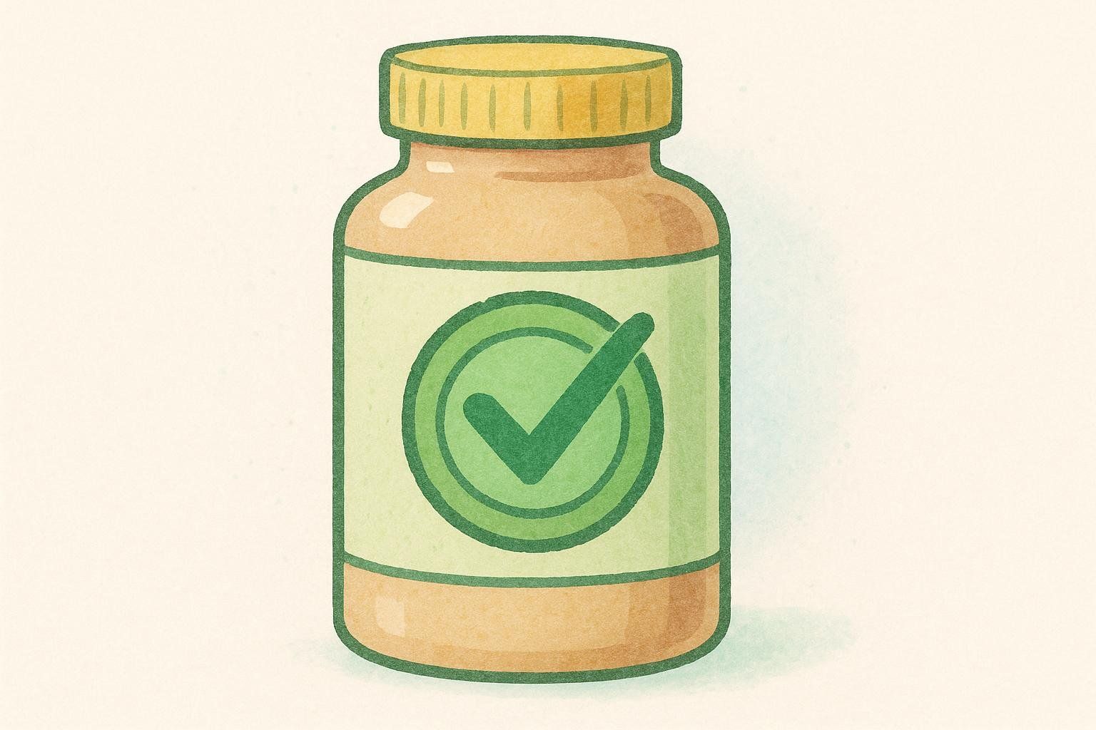 An illustration of a supplement bottle featuring a prominent green quality seal checkmark on its label, indicating third-party testing or certification.