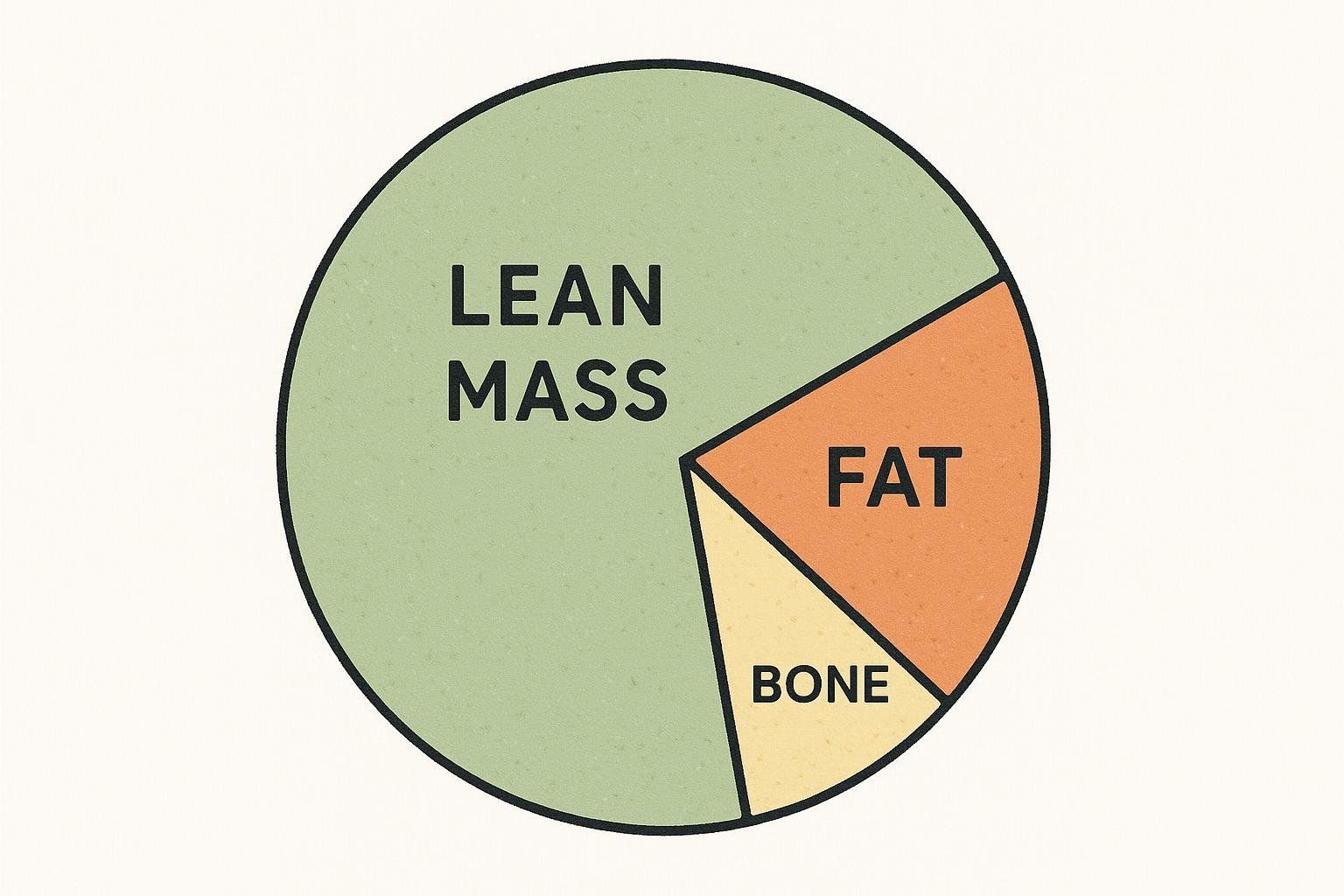 Pie chart illustrating typical male body composition: proportions of fat, lean mass, and bone.