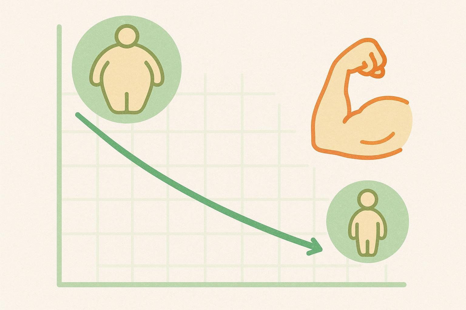 A chart illustrating the goal of GLP-1 drugs, showing an icon of an overweight person at the top left, a decreasing green arrow pointing to a fit person icon at the bottom right, and a constant strong arm icon at the top right, signifying weight loss while retaining muscle mass.