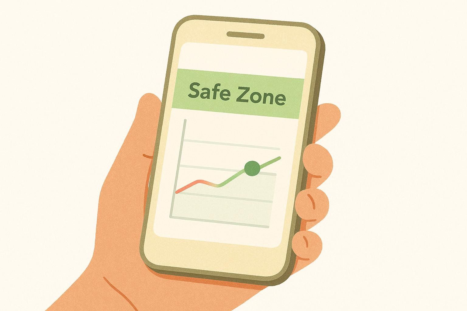 An illustration of a hand holding a smartphone displaying an app. The app shows a line graph with a red line transitioning to a green line, indicating a trend within a 'Safe Zone' for blood glucose, suggesting it's safe to exercise.
