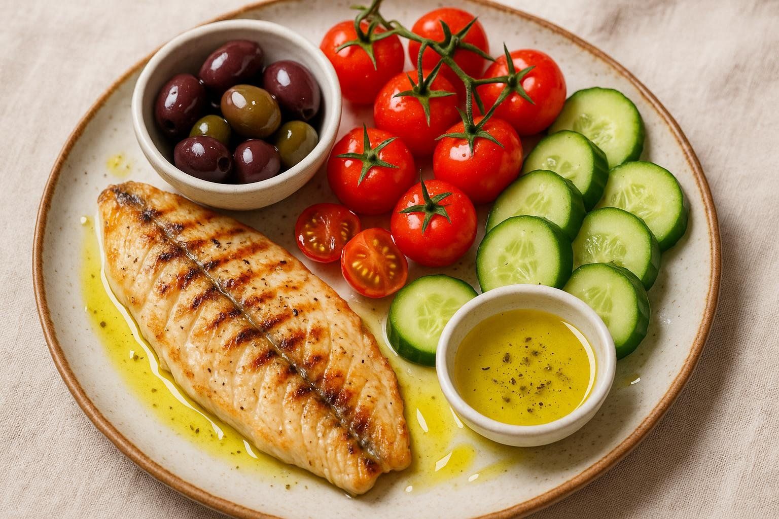 A close-up shot of a Mediterranean platter featuring a grilled fish fillet, a bowl of mixed olives, cherry tomatoes on the vine, sliced cucumbers, and a small dish of olive oil. The plate is light brown and sits on a neutral-colored linen tablecloth.