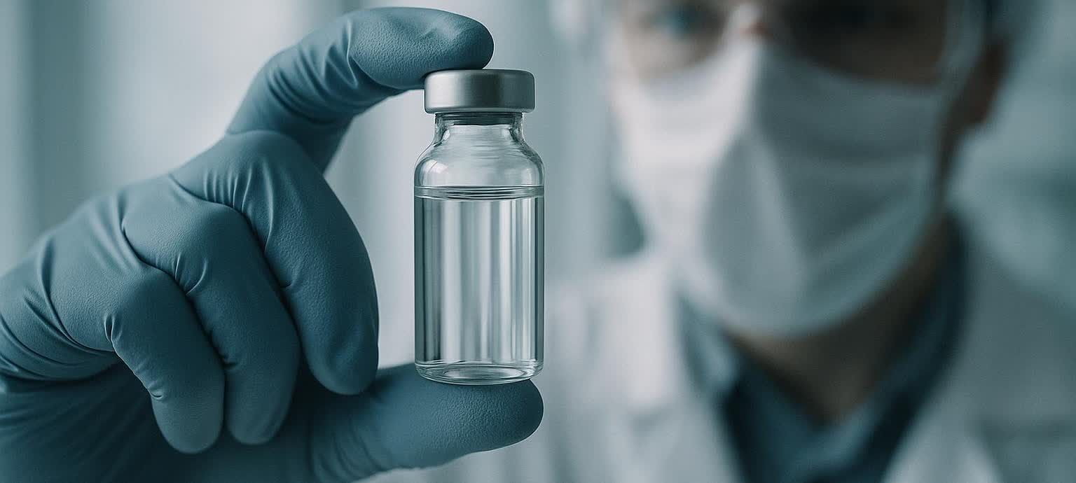 A scientist's gloved hand holding an unlabeled vial of clear liquid, representing an experimental and unapproved peptide.