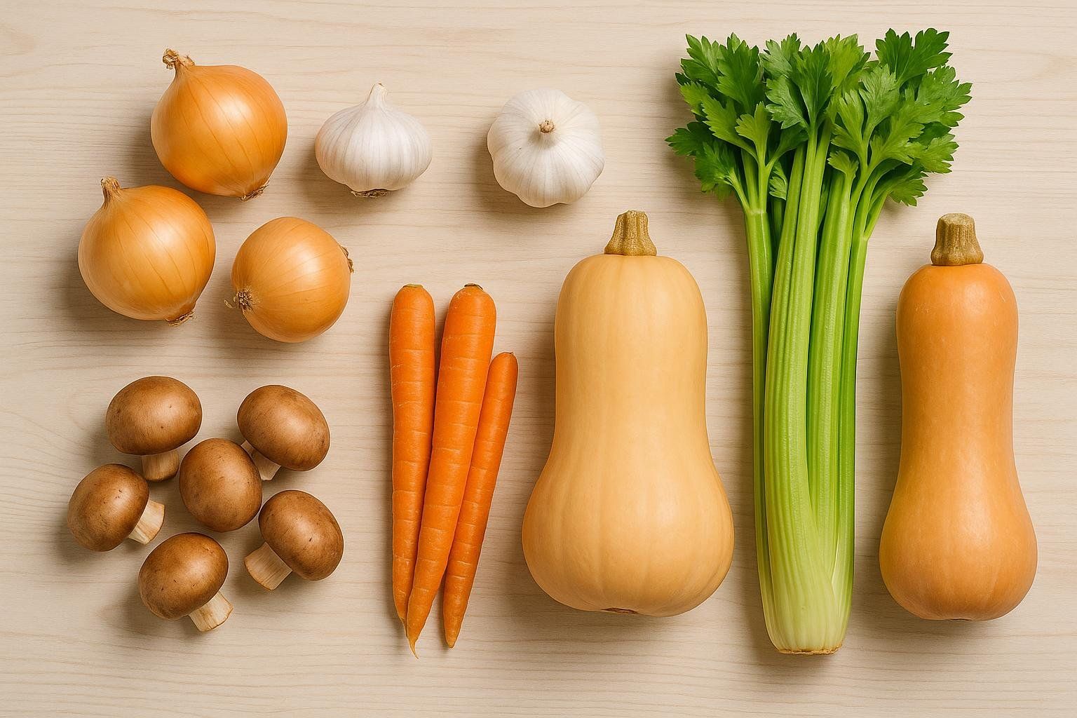 A flat lay of fresh vegetables on a light wooden surface, including onions, garlic, mushrooms, carrots, butternut squash, and celery, suitable for a plant-based Thanksgiving meal.