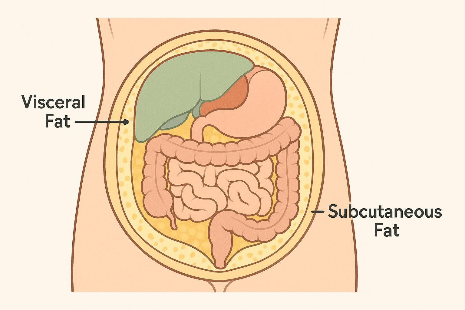 An anatomical diagram illustrating the difference between visceral fat, which is located around internal organs, and subcutaneous fat, which is found under the skin.