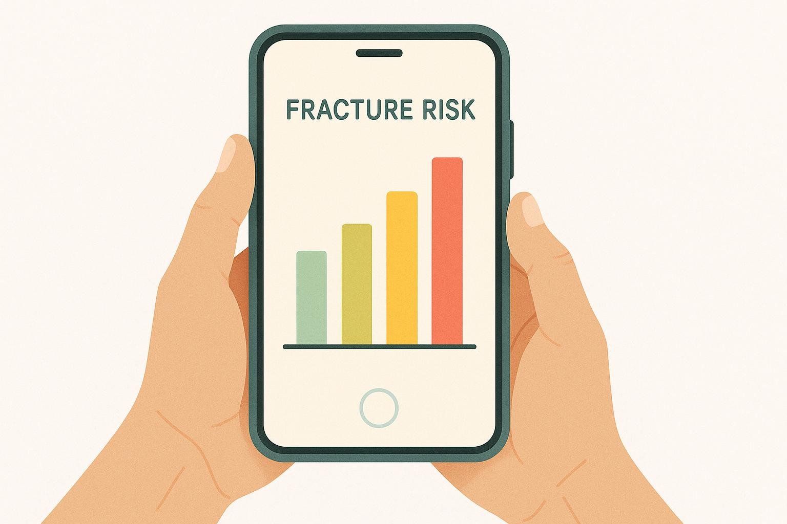 Illustration of a smartphone displaying a 'Fracture Risk' chart with a bar graph showing increasing risk, held by two hands. This represents a risk calculator.