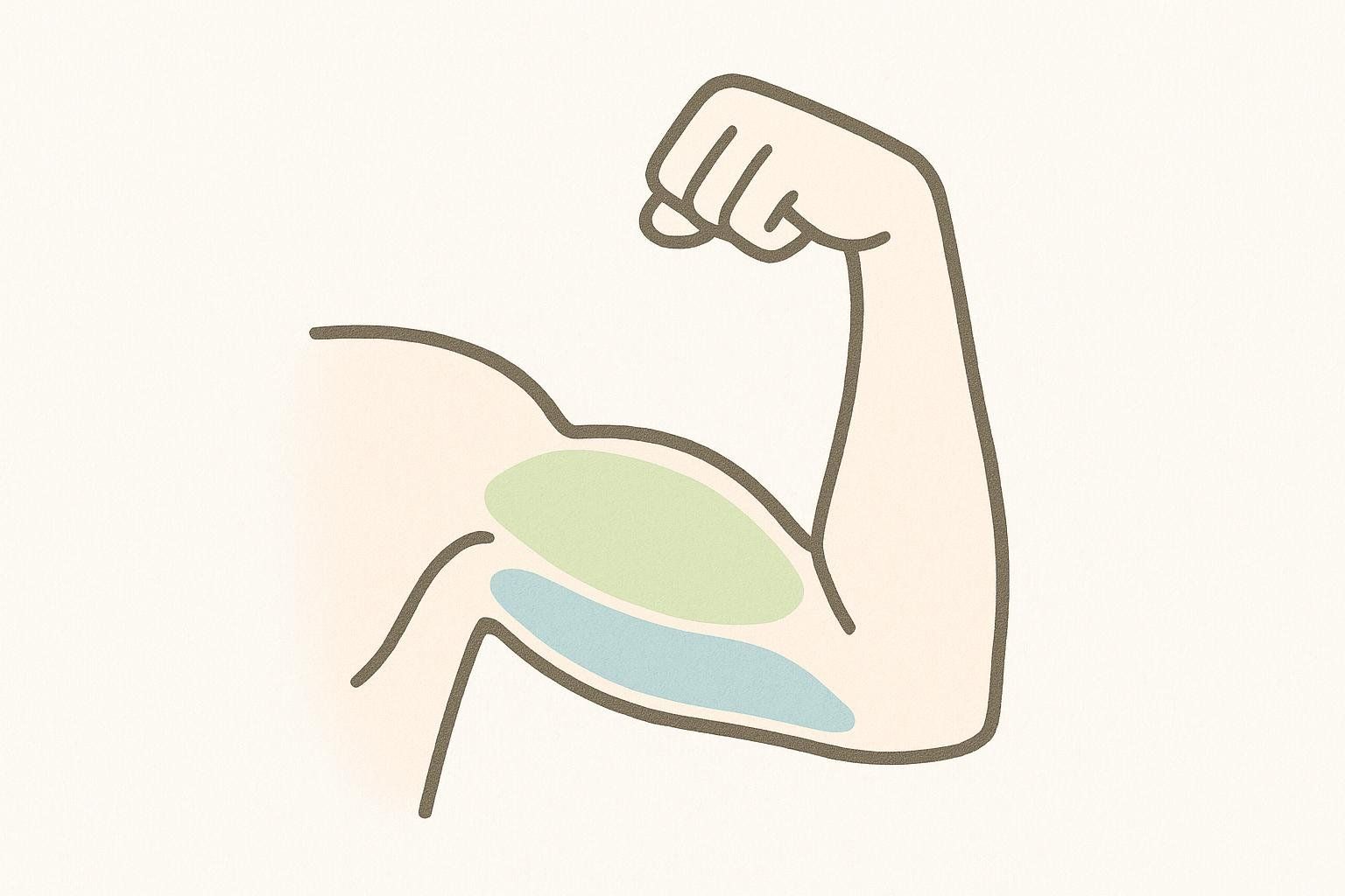 Illustration of a flexing arm, highlighting the bicep in green and the tricep in blue to illustrate muscle anatomy for training.