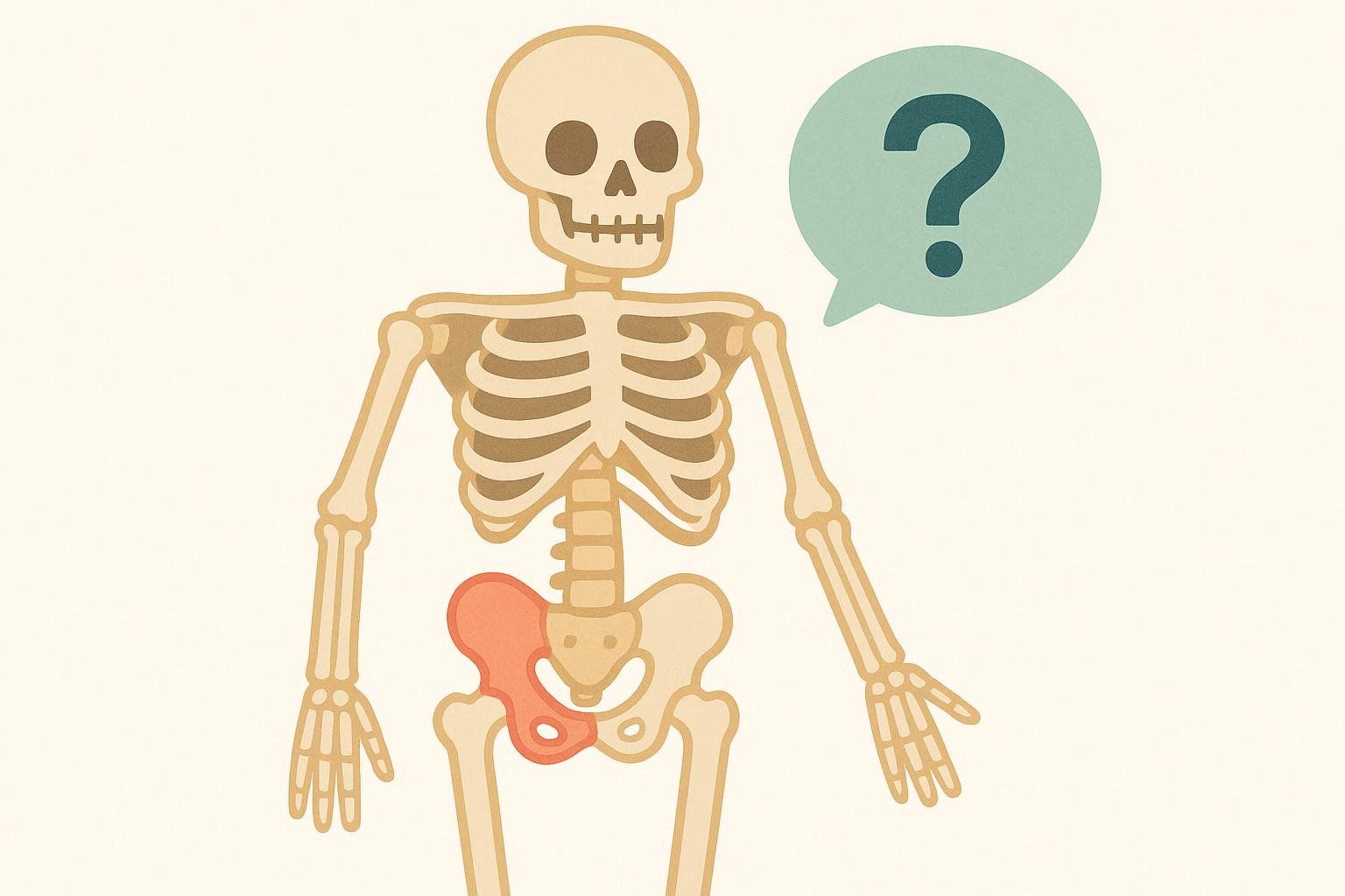 Illustration of a skeleton with one hip highlighted in orange and a teal speech bubble containing a question mark.