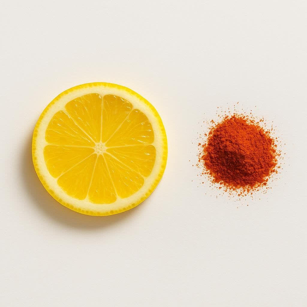 A minimalist photo of a lemon slice and a pinch of cayenne pepper on a white background.