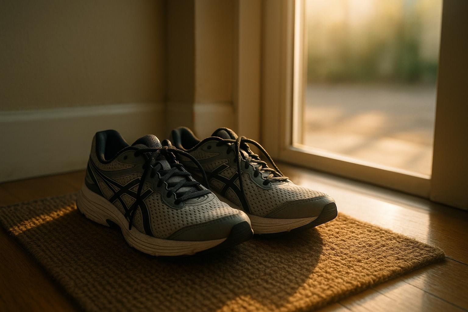 A pair of gray running shoes sitting on a doormat by a sunlit window, ready for a workout.