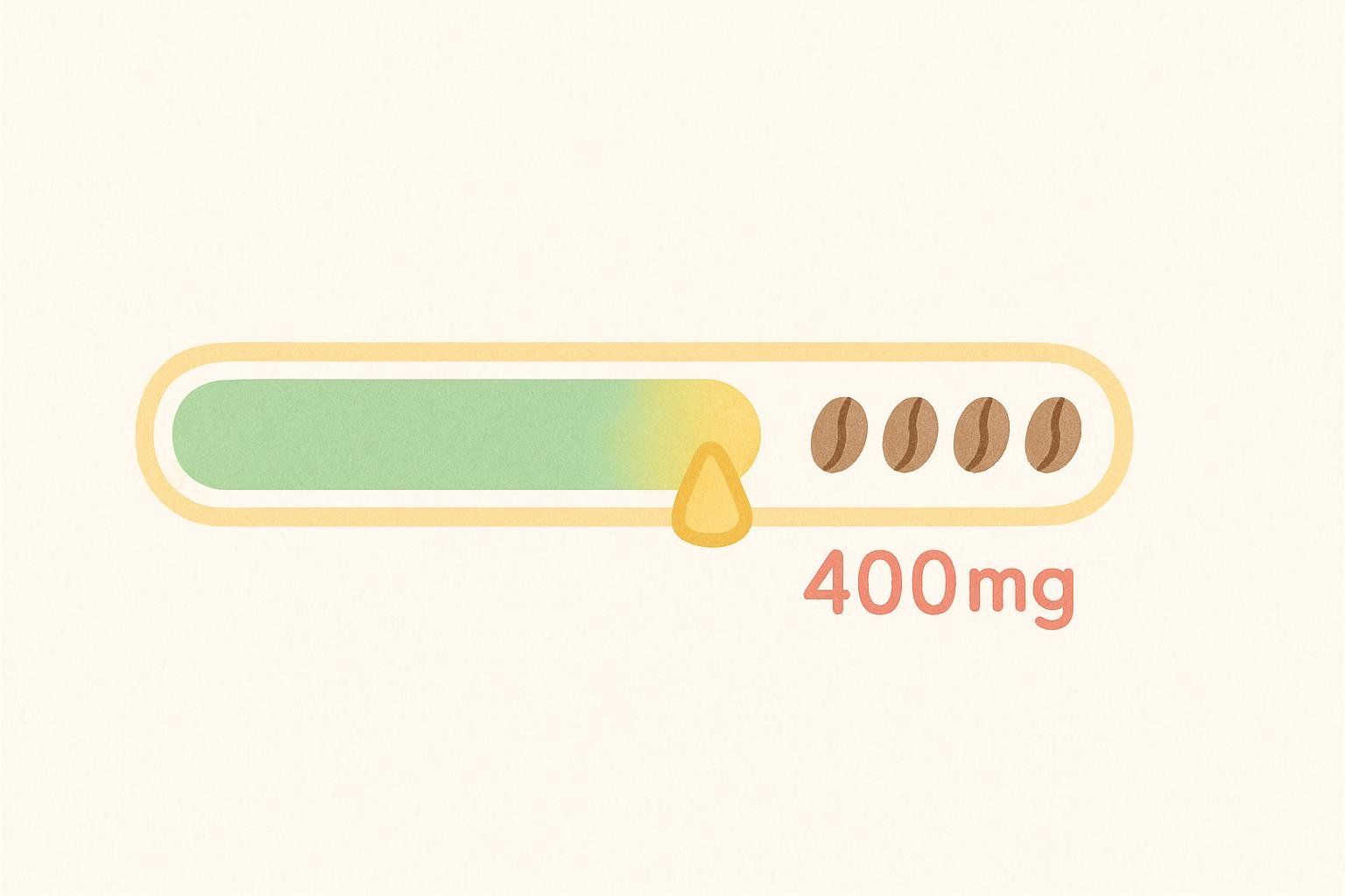 A simple gauge showing a green bar and a yellow drop, indicating a filling level. To the right are four coffee beans and the text '400mg', representing the recommended daily caffeine limit.