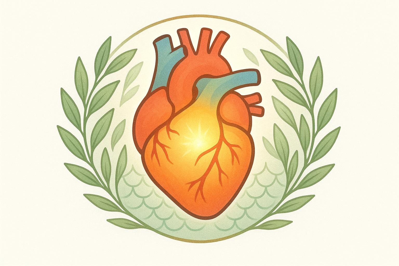 An illustration of a healthy heart protected by olive leaves and fish scales, representing the cardiovascular benefits of the Mediterranean diet.