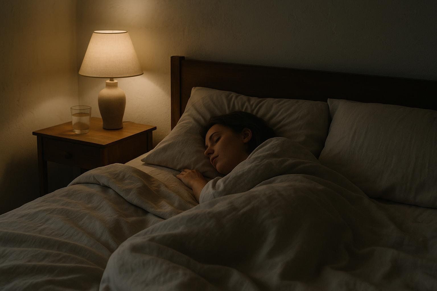 A person sleeps peacefully under a blanket and on a pillow in a dark bedroom. A lamp and a glass of water are on a nightstand beside the bed.