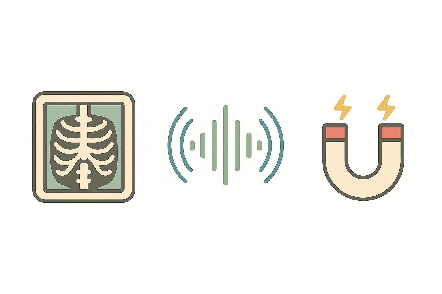 Three icons representing different medical imaging technologies. From left to right: an X-ray image of a ribcage, sound waves, and a horseshoe magnet with lightning bolts, symbolizing X-ray, ultrasound, and MRI respectively.