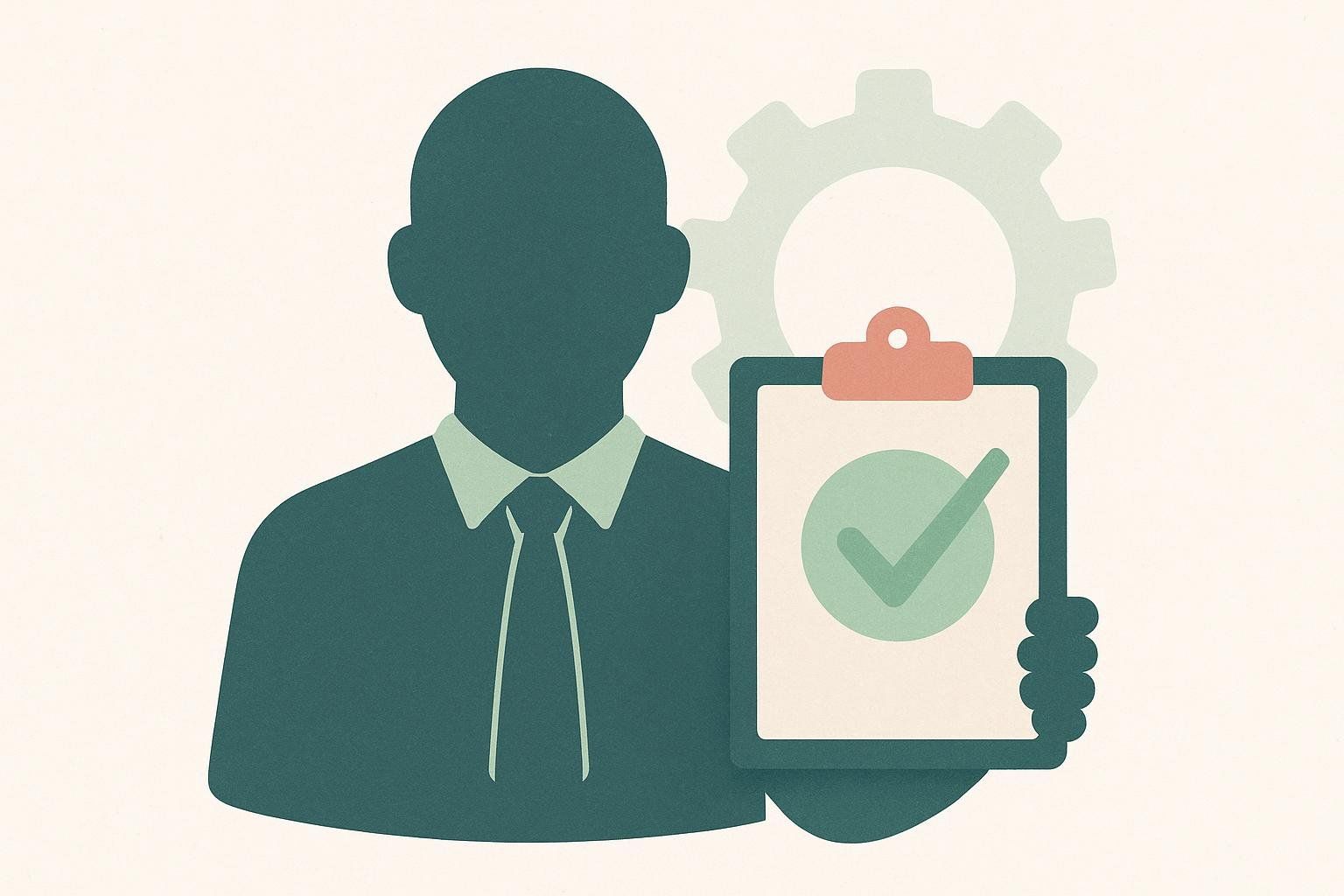 Illustration of a silhouette of a person in a shirt and tie holding a clipboard with a large checkmark, symbolizing certified expertise or approved service. A subtle gear icon is in the background.