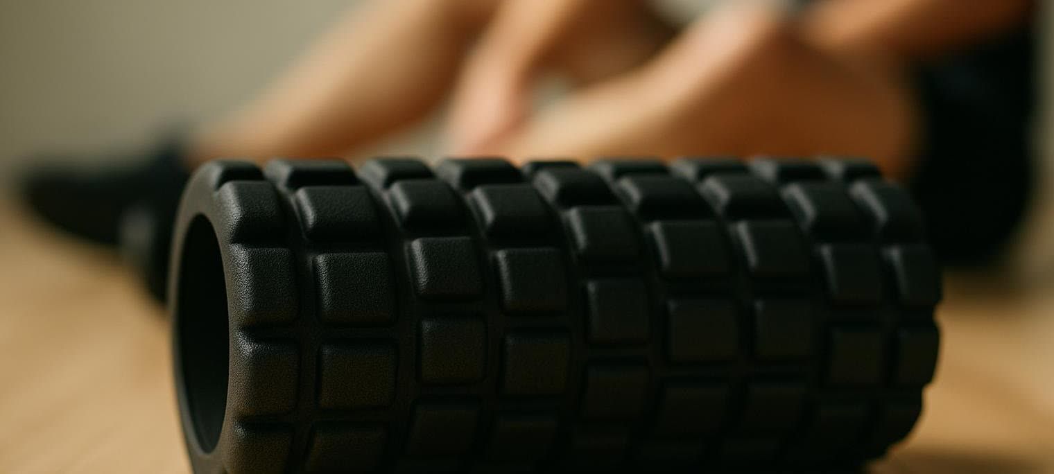 Close-up of a textured foam roller on a gym floor, with an athlete resting in the background.