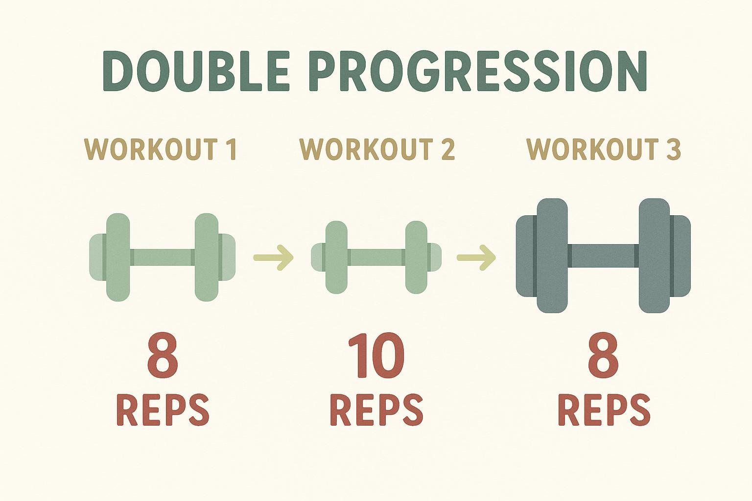 An infographic illustrating the Double Progression method of progressive overload. It shows Workout 1 with a light dumbbell and 8 reps, followed by Workout 2 with the same light dumbbell but 10 reps. Finally, Workout 3 shows a heavier dumbbell with 8 reps, demonstrating how reps are increased before moving to a heavier weight.