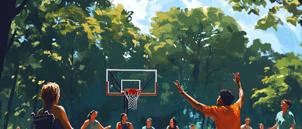 An illustration of people playing basketball on an outdoor court surrounded by trees. One person in the foreground is raising their arms as if catching a pass.