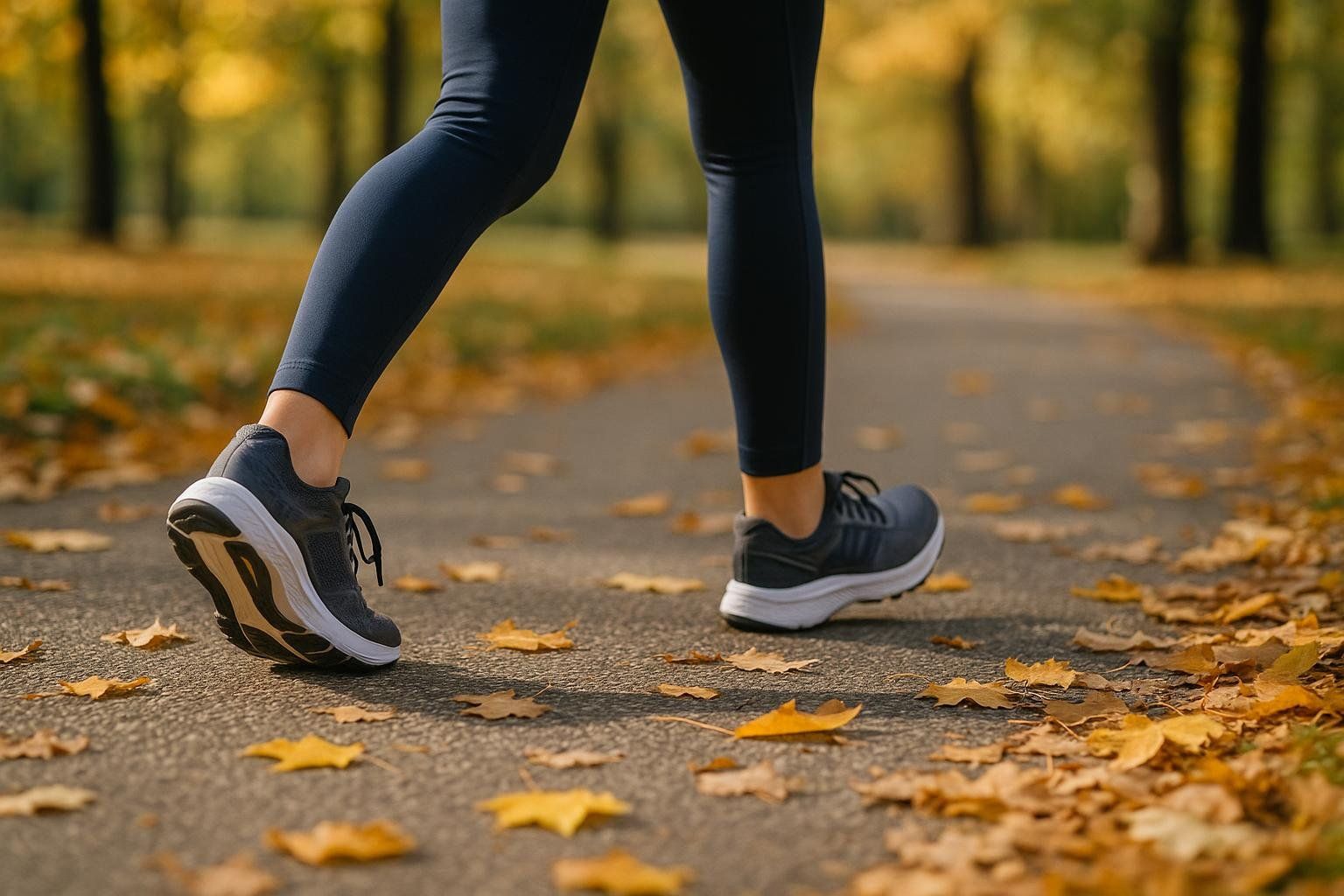 A person's feet in dark sneakers and leggings walk briskly on a paved park path covered with scattered yellow and orange autumn leaves. The background shows blurred autumn trees.