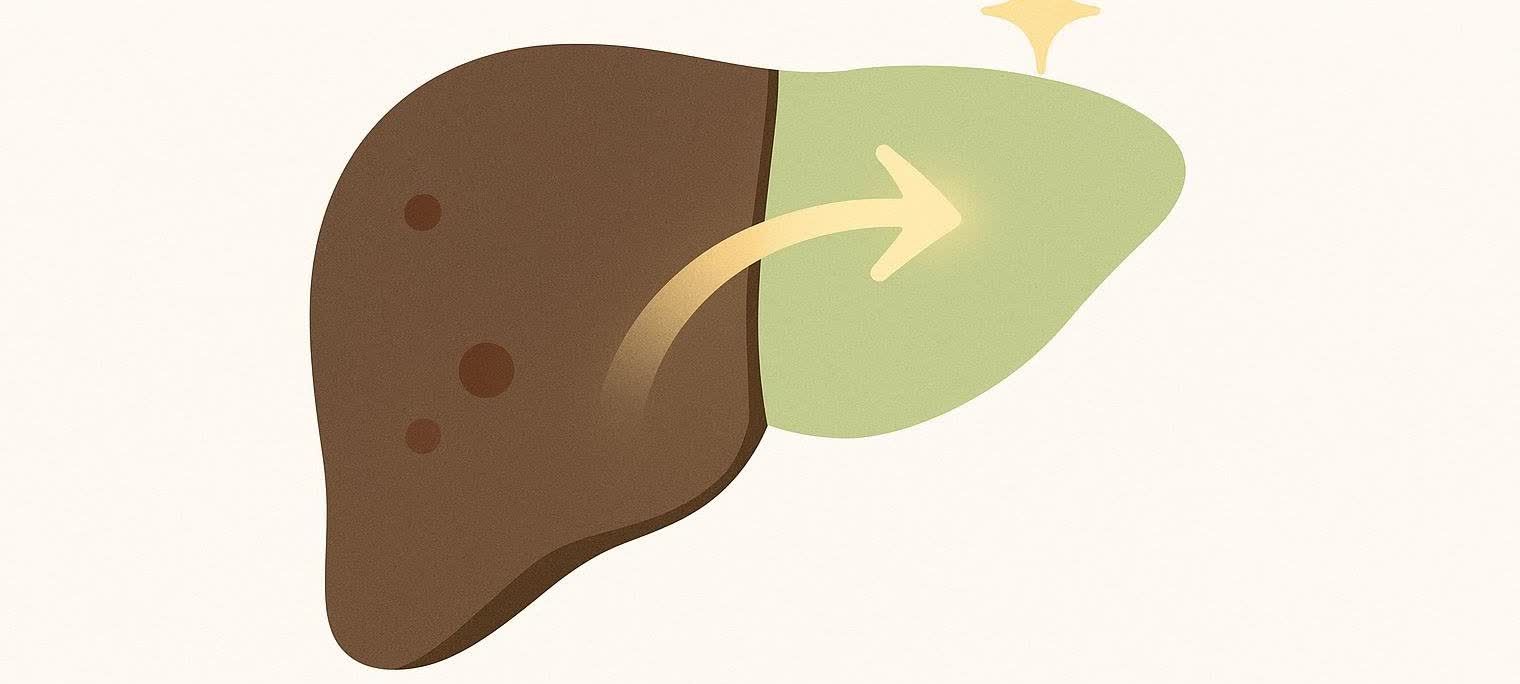 Illustration of a liver healing, with one side unhealthy and dark brown, and the other side lighter green and healthy, representing improvement in MASH. A gold arrow curves from the unhealthy side to the healthy side, and sparkles appear above the healthy side.