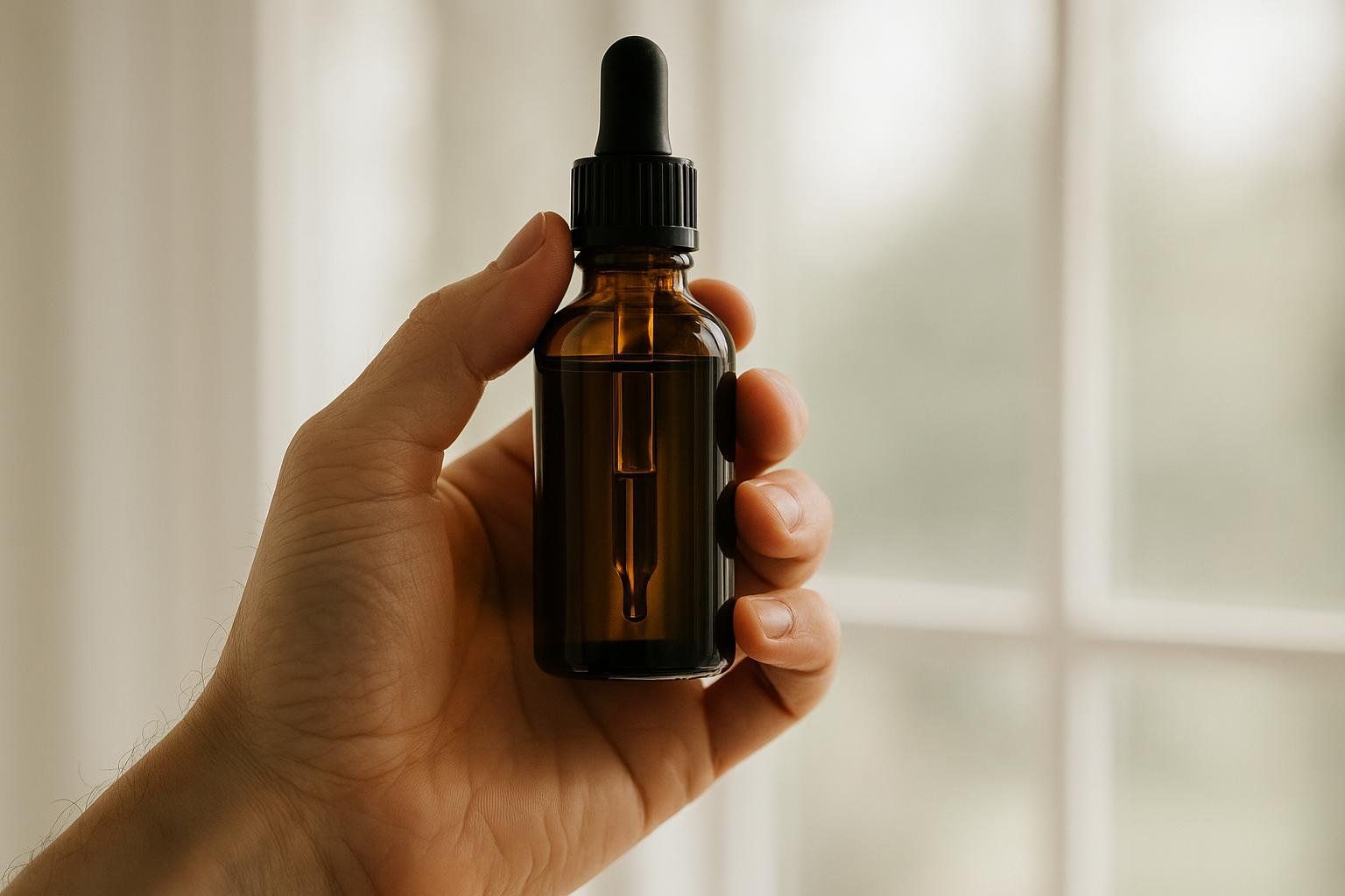 A hand holds a bottle of black seed oil up to the light, as if inspecting its quality before purchase.