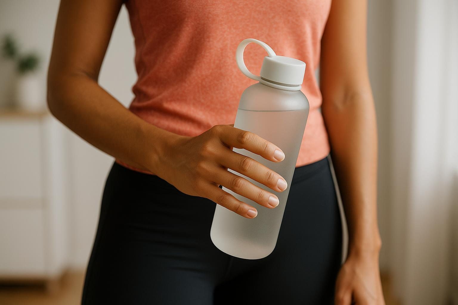 Close-up of a person in an orange athletic top and black leggings holding a frosted water bottle filled with water, emphasizing hydration.