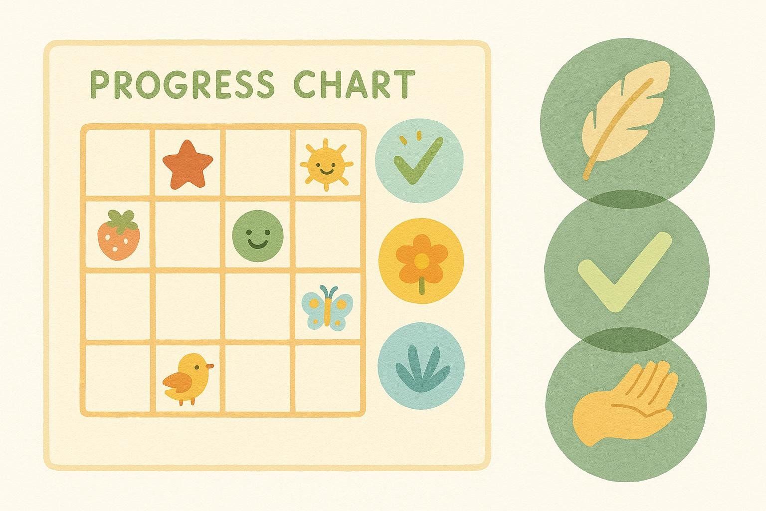 Illustration of a gamified progress chart for kids, featuring colorful stickers like a star, sun, strawberry, smiley face, butterfly, and bird. To the right are three circular badges with icons: a feather, a checkmark, and an open hand, indicating achievements.