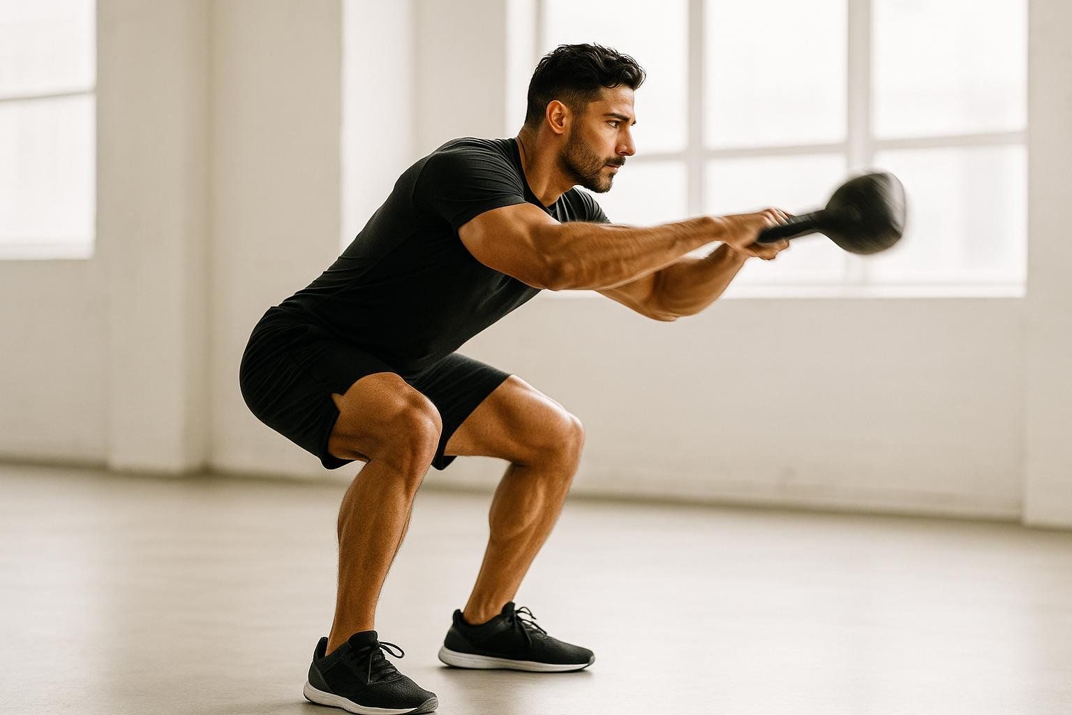 A muscular man with a beard and dark hair, wearing a black t-shirt, black shorts, and black athletic shoes, is performing a kettlebell squat. He is in the lower part of the squat, holding a black kettlebell with both hands extended forward. The background is a bright room with large windows, suggesting a gym or studio setting.