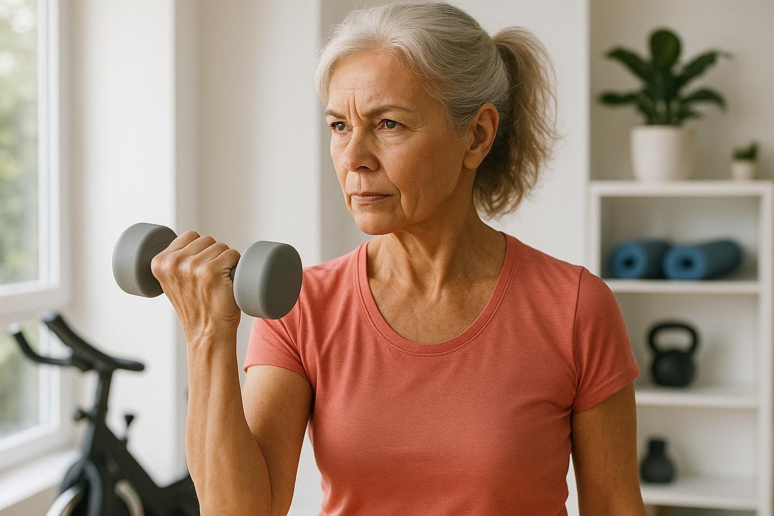 An older woman with grey hair in a ponytail lifts a grey dumbbell, focusing intently. She is wearing a salmon-colored t-shirt. The background shows a portion of a stationary bike and a white shelf with a plant and yoga mats.